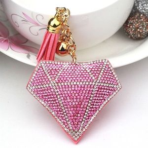 Pink and Silver Rhinestone Diamond Keychain with Tassel Charm